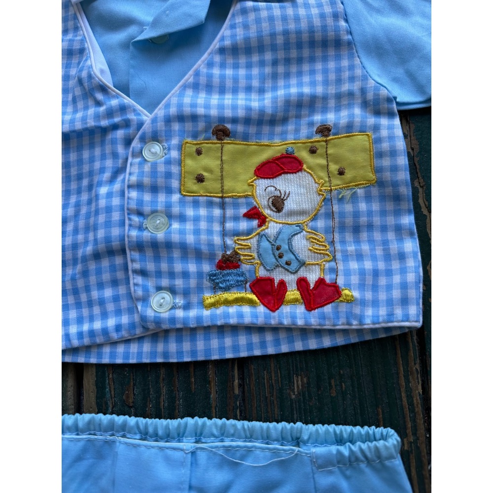 Vintage Cradle Togs Baby Boy Blue Gingham Duck Embroidered Shirt and Shorts Set - Picture 2 of 9